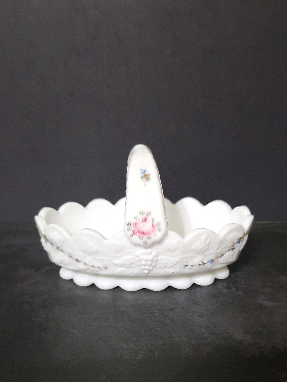 Vintage Westmoreland White Milk Glass Floral Basket with Pink and Blue Accents